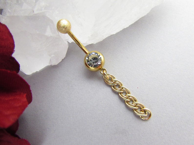 Short Dangle Navel Ring Chain Belly Button Ring Chain Gold Belly Ring Belly Piercing 14g 316L Stainless Steel 10mm Bar Belly Ring