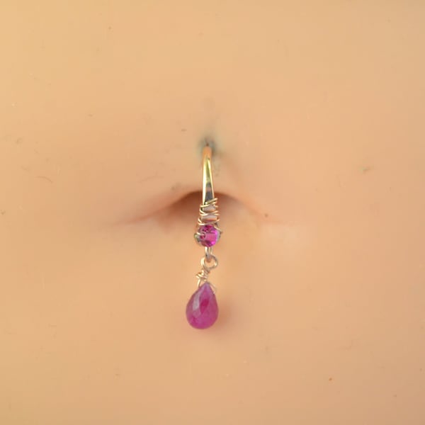 Greecian Hellene Ruby Dangle Belly Button Ring, Gemstone Belly Ring, Belly Piercing, Hoop Belly Ring, Endless Belly Button Ring