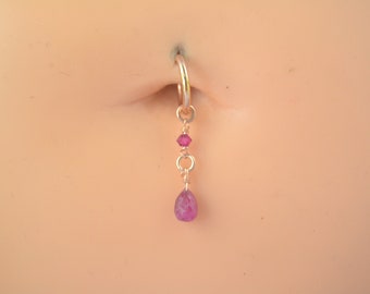 Greecian Hellene Ruby Long Dangle Belly Button Ring, Gemstone Belly Ring, Belly Piercing, Hoop Belly Ring, Endless Belly Button Ring