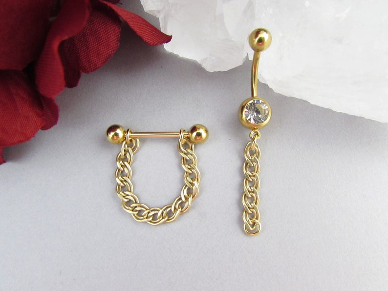 Short Dangle Navel Ring Chain Belly Button Ring Chain Gold Belly Ring Belly Piercing 14g 316L Stainless Steel 10mm Bar Belly Ring