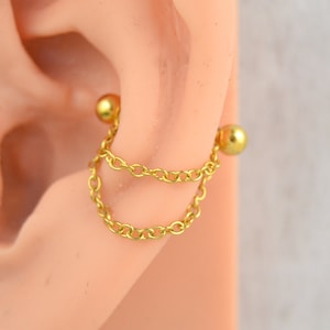 Dainty Gold Layered Chain Conch Cuff - Conch Earring - 16g 14g Barbell Cuff - Cartilage Earring - Ear Barbell - Pierced Cuff - Conch Chain