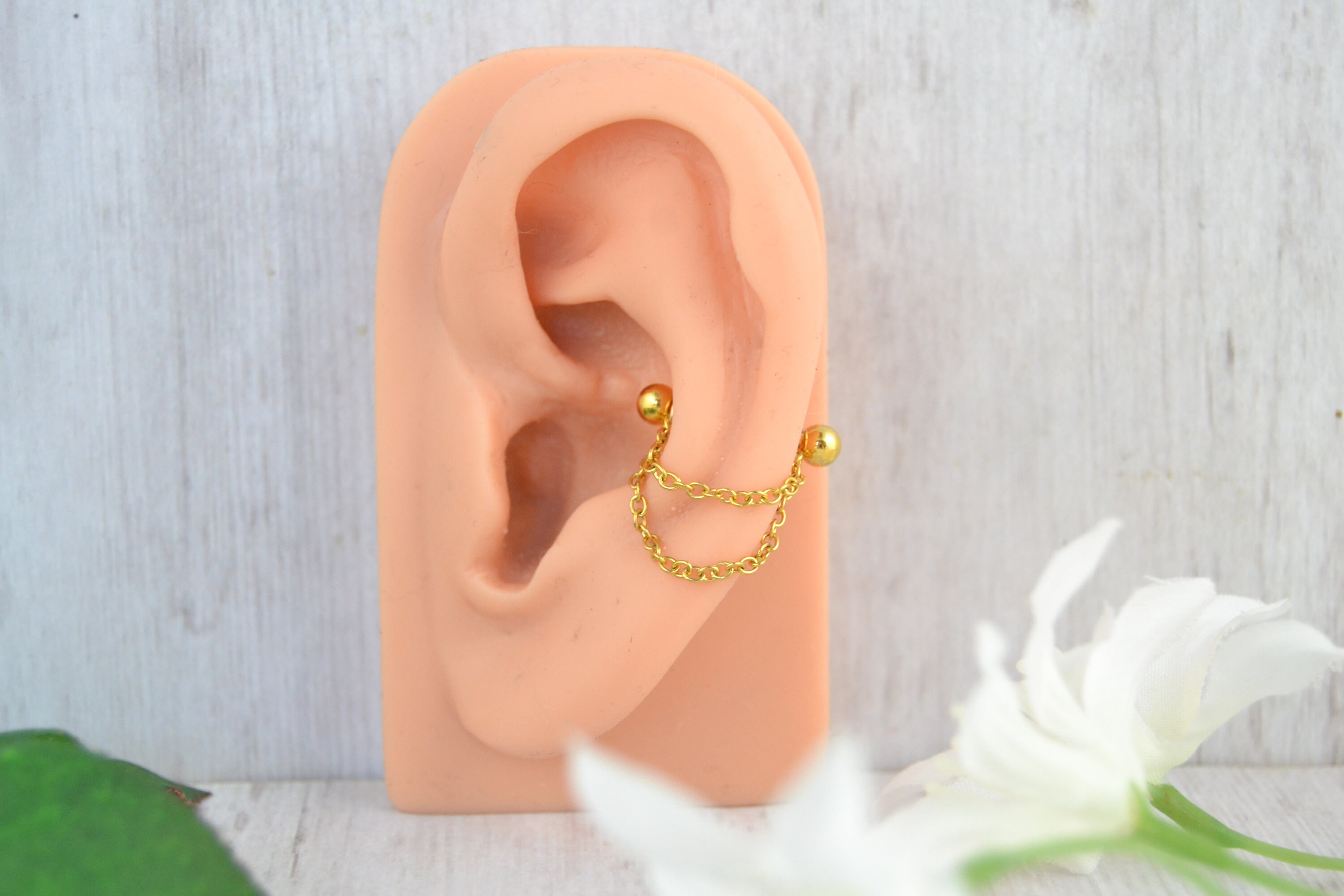 Dainty Gold Layered Chain Conch Cuff Conch Earring 16g 14g