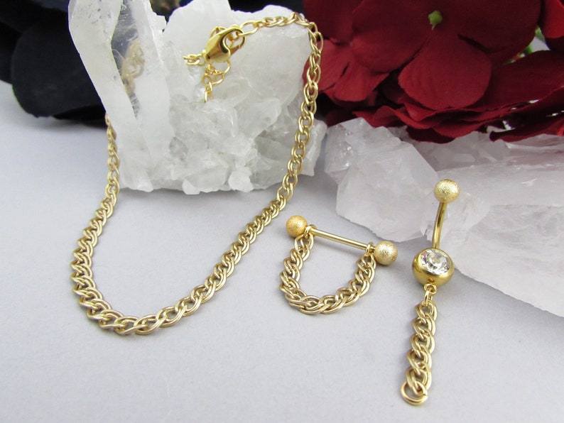 Short Dangle Navel Ring Chain Belly Button Ring Chain Gold Belly Ring Belly Piercing 14g 316L Stainless Steel 10mm Bar Belly Ring
