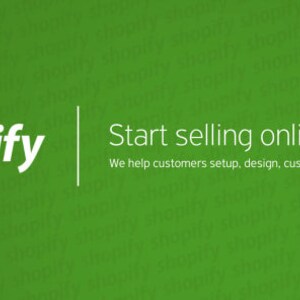 May include: A green banner featuring the white Shopify logo and shopping bag icon on the left, with the text Start selling online and We help customers setup, design, customize and enhance online stores, plus a Shopify expert badge on the right.