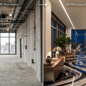 May include: A before-and-after image of a modern interior space. The "before" shows a raw, unfinished space with concrete walls and exposed utilities. The "after" reveals a luxurious design with a marble floor, modern furniture, and city views.