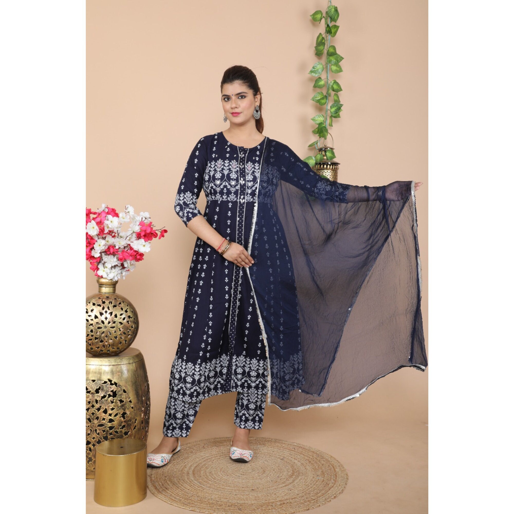 Party Wear Dress Indian Clothing Rayon Fabric Floral Printed Long Flared  Blue Pink Kurta With Pant Dupatta Set for Women -  Canada