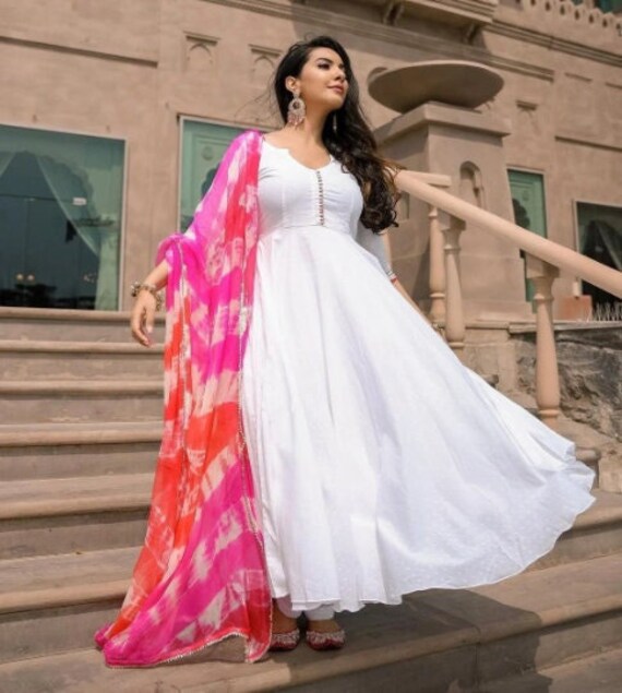 White anarkali with colourful best sale dupatta