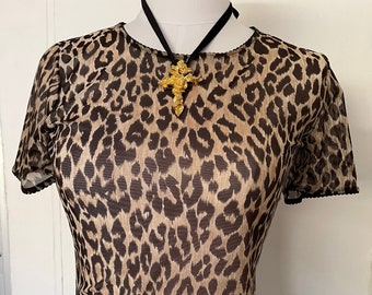 Vintage Dolce & Gabbana Sheer Cheetah Print Ruffle Lace See Through T Shirt Top Blouse Shirt Dress Vest Bodysuit Fit Baroque Camisole