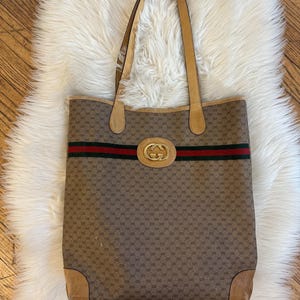 Bolso de mano vintage Gucci de los años 80 en lona y cuero con micro GG en marrón tostado y monograma, bolso de hombro de cuero, bolso de trabajo, cartera