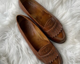 Rare Vintage Chanel Brown Leather Fringe Loafers Shoes Flats Sz 6 US / 37