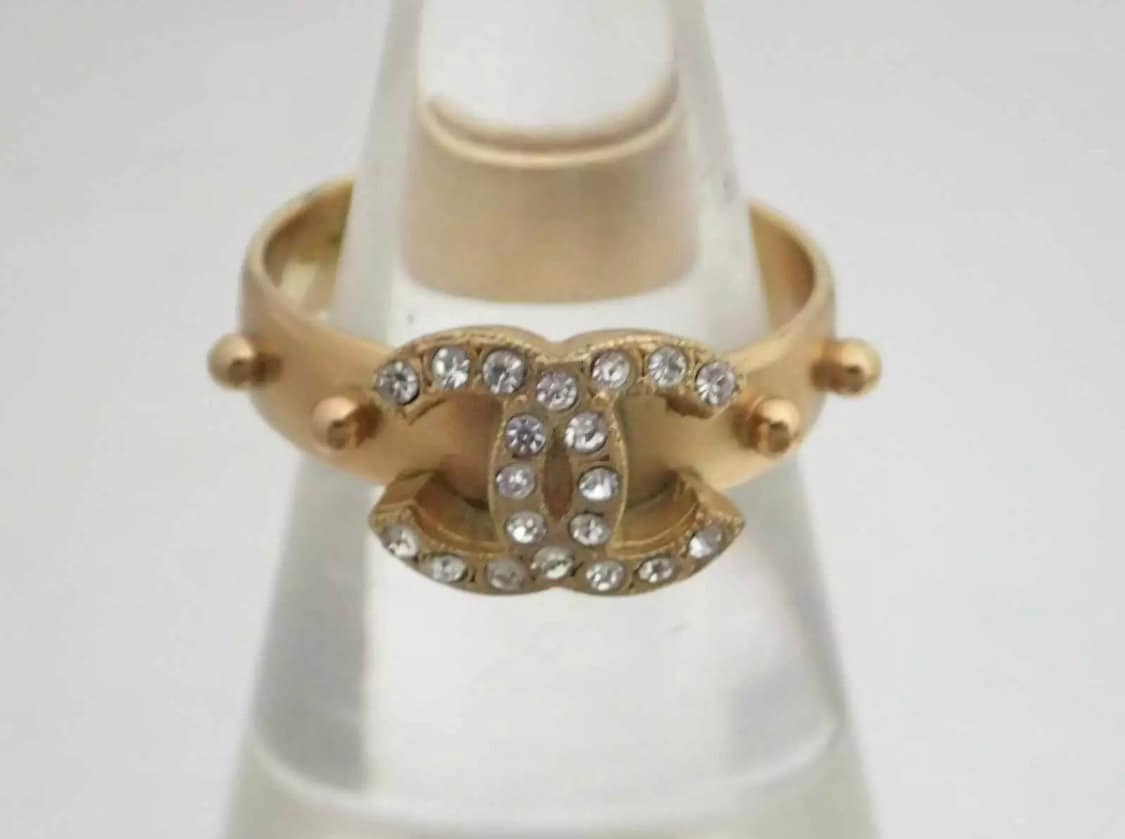 Vintage CHANEL CC Letters Logo Gold Rhinestone Cocktail Ring 
