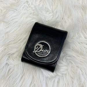 Vintage ULTRA RARE Christian Dior Logo Black Leather Belt Loop Card Holder Coin Case Purse