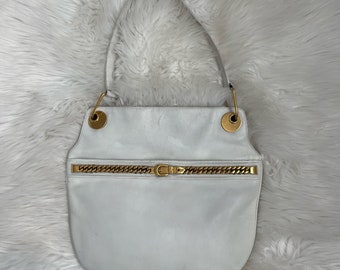 Vintage 80s Gucci GG White Shoulder Bag Crossbody with Gold Belt Chain Across