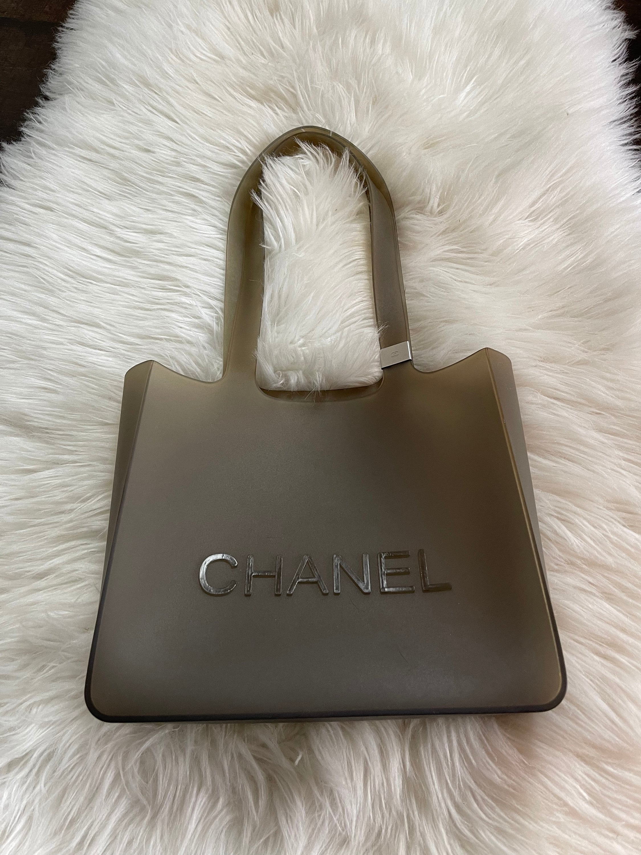 Vintage CHANEL Grey Gray Rubber Gummy Jelly Tote Bag Purse Gym 