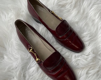 Vintage Gucci Burgundy Horsebit Horse bit Patent Leathet Oxblood Loafer Loafers Heels Shoes Size 37 | 6-6.5