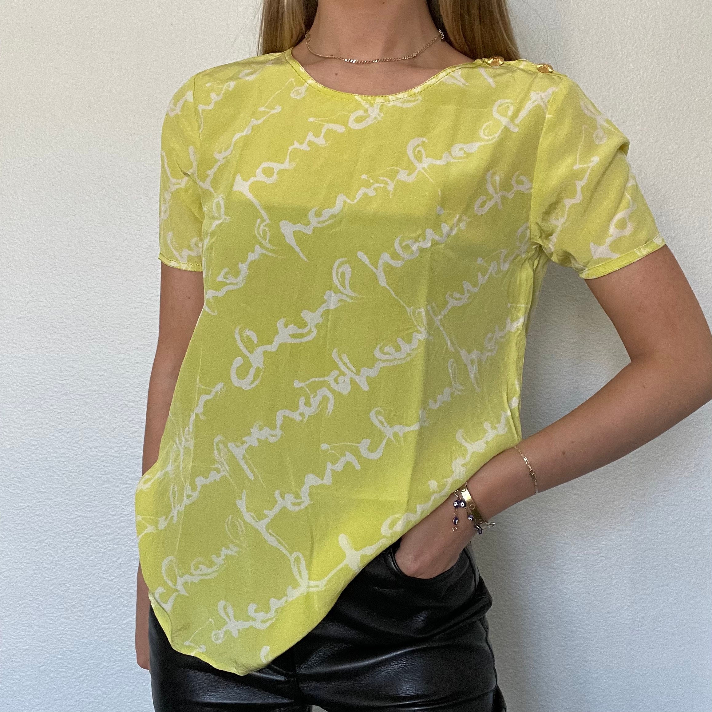 Vintage CHANEL CC Logo Monogram CLOVER Print Dress Shirt 