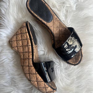 Vintage CHANEL 2000’s Cork Quilted Black Patent Leather Wedge Platform Sandals 38