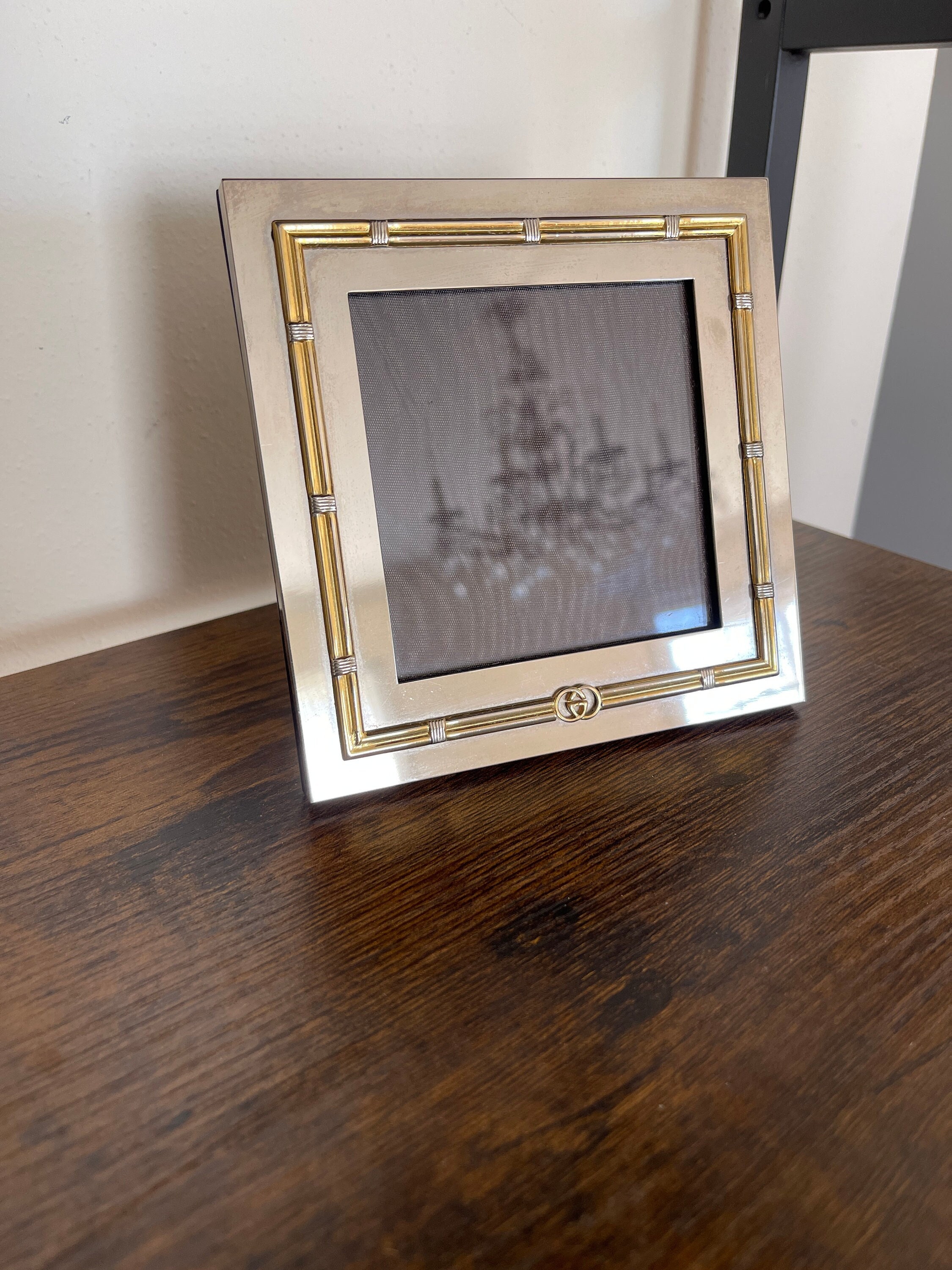 Vintage GUCCI Silver Gold Tone GG Logo Picture Frame Desk