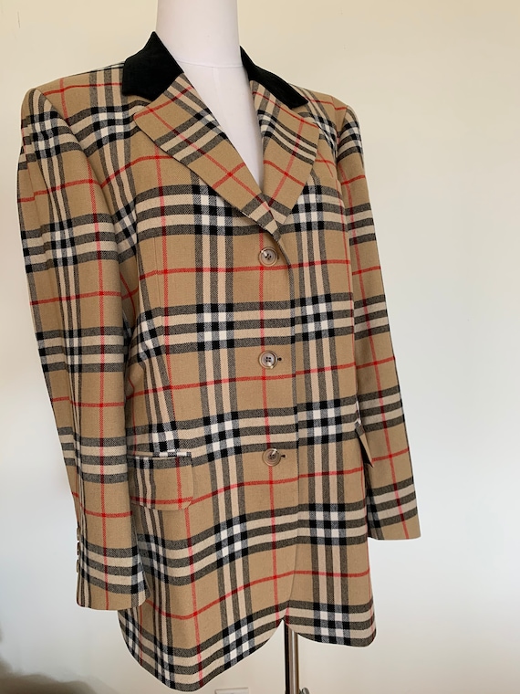 Vintage Burberry Nova Check Print Velvet Trim Plai
