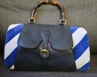 Vintage 1960s GUCCI Navy Leather Bamboo Handle Beach Bag