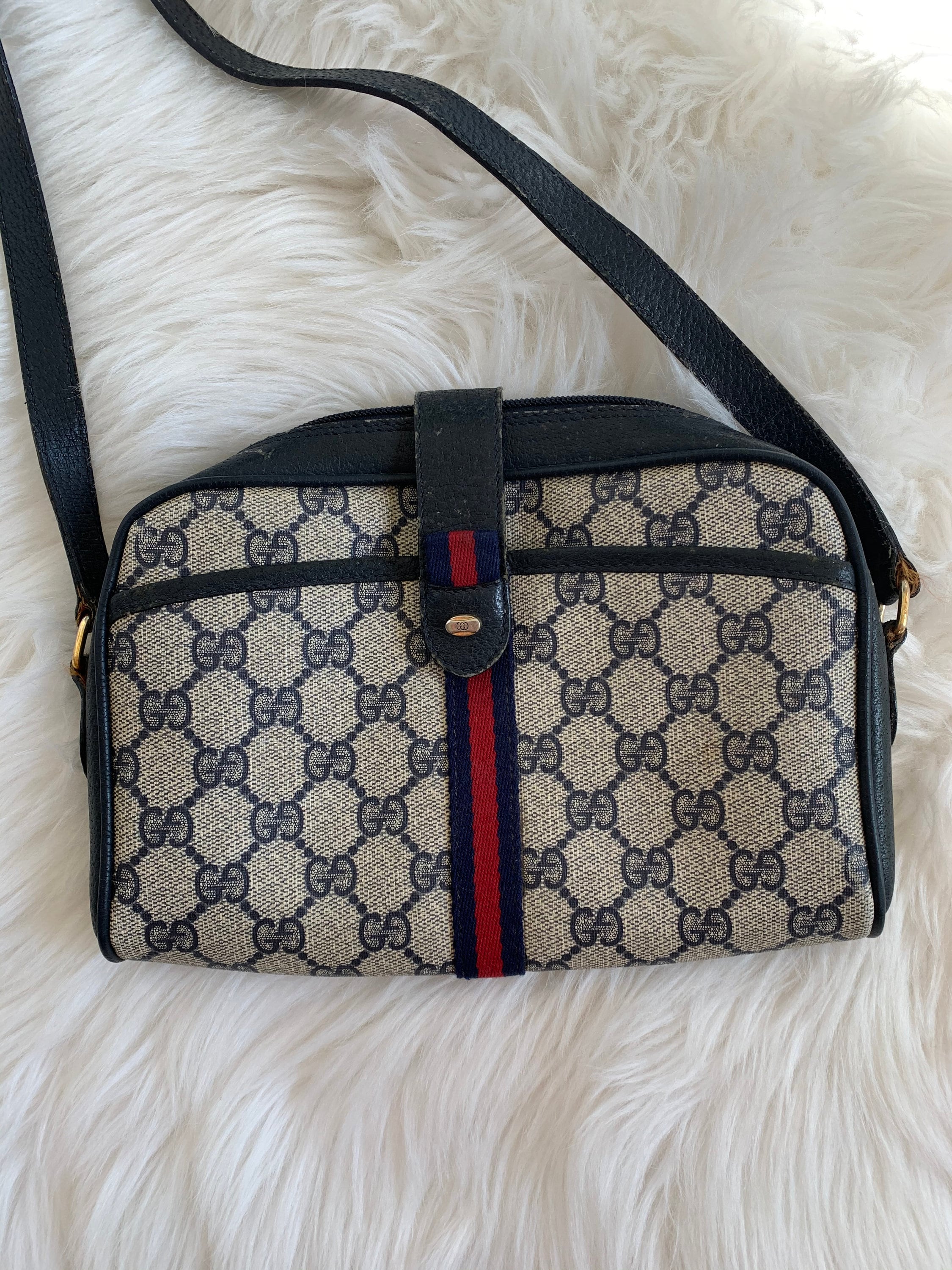 GUCCI Vintage Sherry Line Navy Blue Monogram Tote