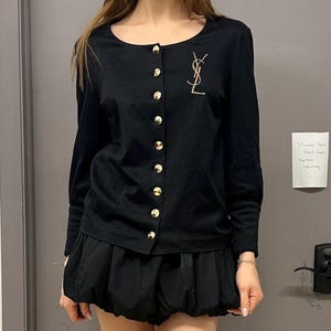 Vintage 1980s YSL Wool Black Button Up Cardigan Blouse Light Weight Jacket Gold Buttons Size M