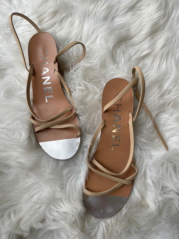 Chanel Tan Leather Strappy Wedge Sandals Heel Flip Flop Open Toe