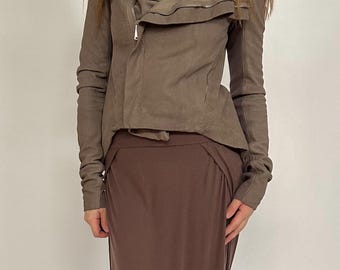 Vintage Rick Owens Taupe Suede Leather Asymmetrical High Low Jacket Turtleneck Size XS S