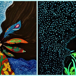 Glow in the dark paint for ART improved - paintings, canvas, posters , absorbing the light and glows by itself but also black light reactive
