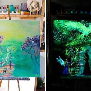 May include: A painting on canvas depicting a magical scene with a girl, a deer, a bird, and a glowing tree. The painting glows in the dark, revealing a phoenix and a shadowy figure.