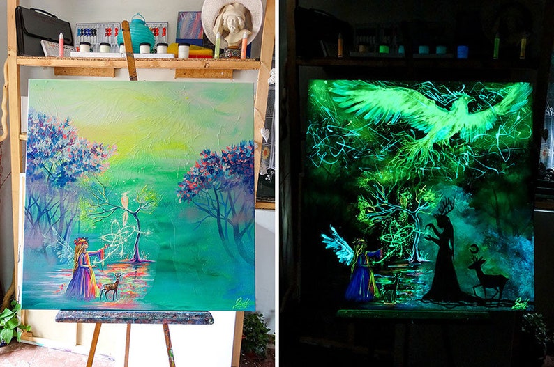 May include: A painting on canvas depicting a magical scene with a girl, a deer, a bird, and a glowing tree. The painting glows in the dark, revealing a phoenix and a shadowy figure.