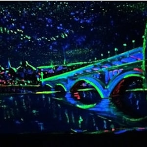 May include: A painting of a city skyline at night with a bridge in the foreground. The painting is done in fluorescent colors, with the city buildings and bridge glowing in the dark. The sky is filled with stars.