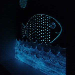 May include: A black and white fish with a blue glow, swimming in a blue ocean with a white moon in the background.