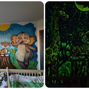 May include: A children's room with a mural painted on the wall. The mural depicts a giraffe, an elephant, and a tiger in a jungle setting. The mural glows in the dark, with the animals and plants appearing in shades of green.