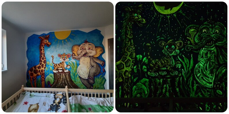 May include: A children's room with a mural painted on the wall. The mural depicts a giraffe, an elephant, and a tiger in a jungle setting. The mural glows in the dark, with the animals and plants appearing in shades of green.