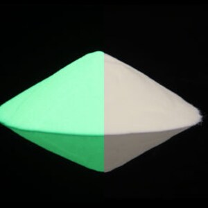May include: A pile of glow-in-the-dark powder, shown in both its normal and glowing states. The powder is a bright green color when exposed to a black light.
