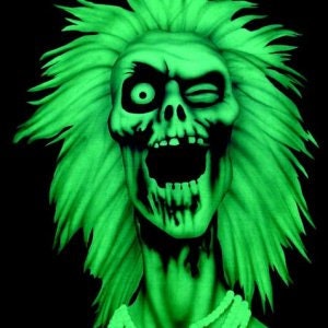May include: A green glow-in-the-dark skeleton with a single eye and a wide open mouth, wearing a necklace of beads. The skeleton has a wild, spiky green hairdo.