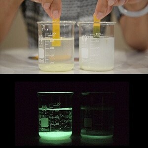 May include: Two clear glass beakers with markings in milliliters. The beaker on the left contains a yellow liquid and the beaker on the right contains a clear liquid. The beakers are illuminated with a black light, causing the liquid in the left beaker to glow green.