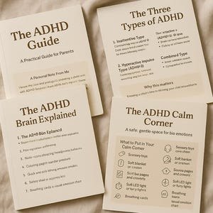May include: Four informational cards with text about ADHD. The cards are titled "The ADHD Guide", "The ADHD Brain Explained", "The Three Types of ADHD", and "The ADHD Calm Corner". The cards are white with brown text and are arranged on a beige surface.