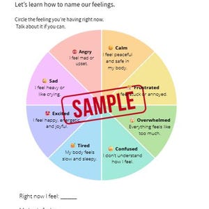May include: A colorful "My Feelings Wheel" chart with sections labeled "Angry," "Calm," "Sad," "Frustrated," "Excited," "Overwhelmed," "Tired," and "Confused." The chart includes prompts to identify and discuss feelings.