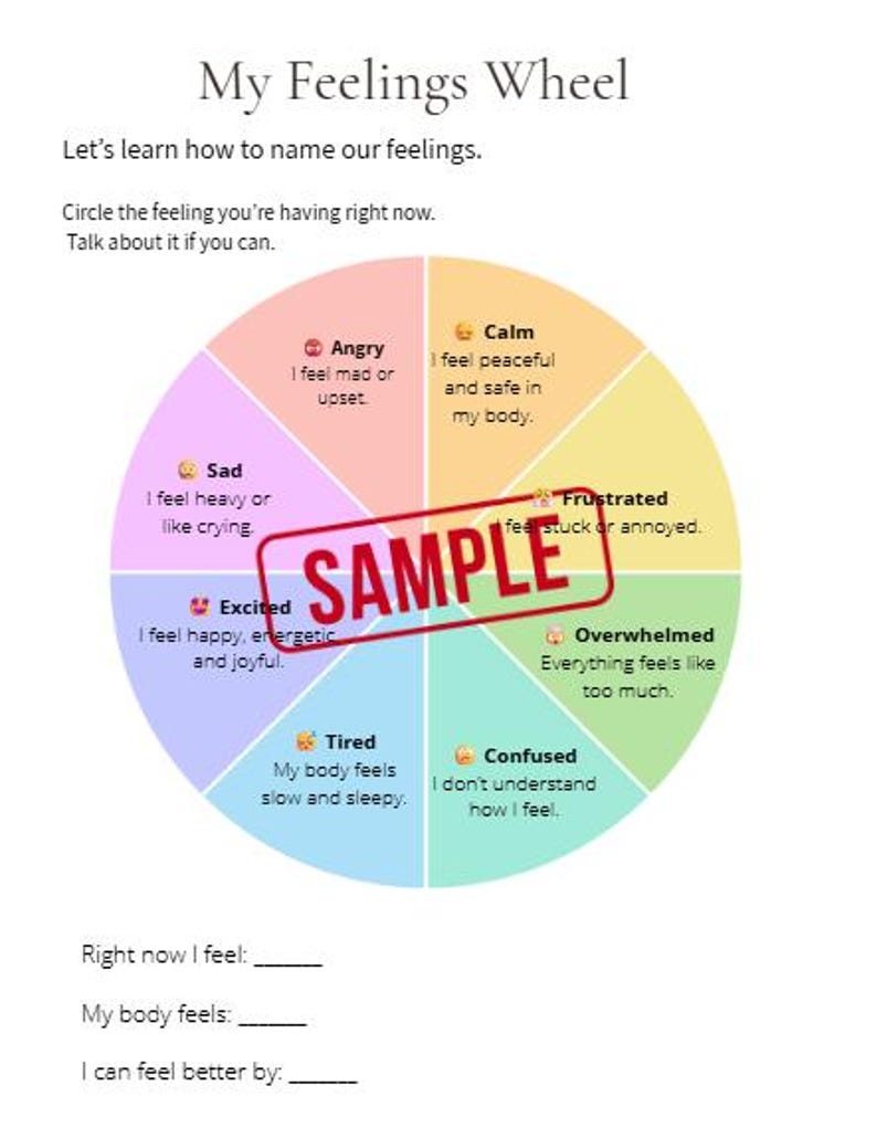 May include: A colorful "My Feelings Wheel" chart with sections labeled "Angry," "Calm," "Sad," "Frustrated," "Excited," "Overwhelmed," "Tired," and "Confused." The chart includes prompts to identify and discuss feelings.