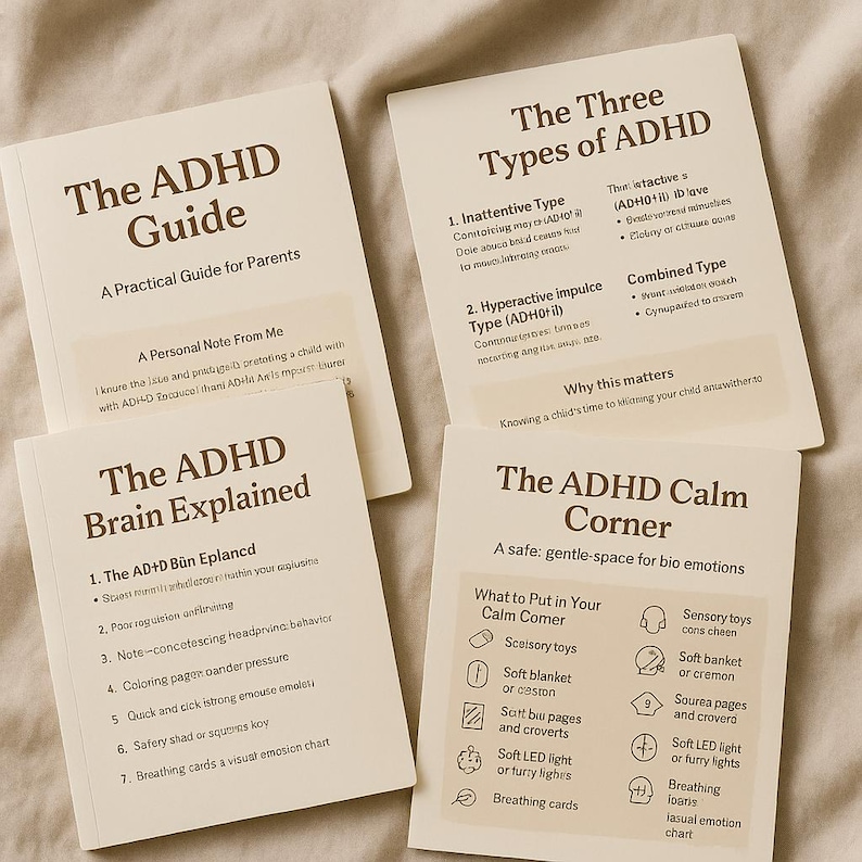 May include: Four informational cards with text about ADHD. The cards are titled "The ADHD Guide", "The ADHD Brain Explained", "The Three Types of ADHD", and "The ADHD Calm Corner". The cards are white with brown text and are arranged on a beige surface.