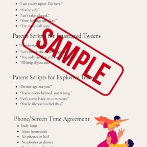 May include: A beige document with text titled "Parent Scripts for Calming Kids," "Parent Scripts for Frustrated Tweens," and "Parent Scripts for Explosive Teens." A red "SAMPLE" stamp is across the page. An illustration of two people is in the bottom right corner.