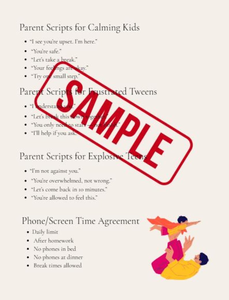 May include: A beige document with text titled "Parent Scripts for Calming Kids," "Parent Scripts for Frustrated Tweens," and "Parent Scripts for Explosive Teens." A red "SAMPLE" stamp is across the page. An illustration of two people is in the bottom right corner.