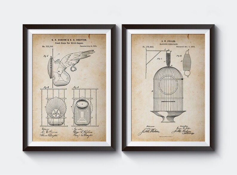 Set Of 2 Bird Patent Prints Antique Bird Cage Bird Feeder Etsy
