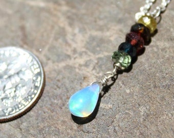 Ethiopian Opal and tourmaline Necklace Briolette on Sterling Silver, Fire opal necklace, October birthstone,Tourmaline fire opal necklace