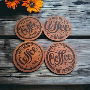 Hand Burned Wooden Coffee Coaster Set: Birch Plywood, Pack of 4