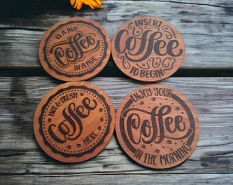 Juego de posavasos de madera quemada a mano: contrachapado de abedul, paquete de 4