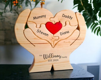 Rompecabezas de madera con forma de corazón y nombres grabados, regalo familiar, decoración del hogar, rompecabezas personalizado