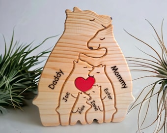 Rompecabezas rústico de la familia del oso de madera, figuras de animales, decoración del hogar, regalo de recuerdo, personalizado